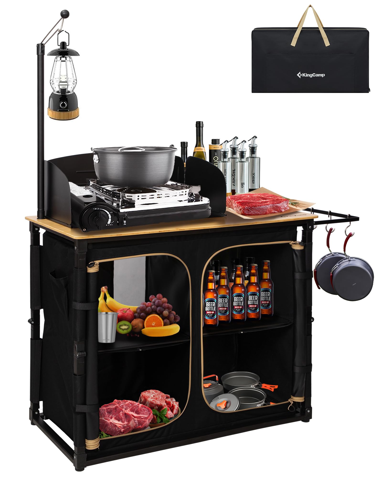 KingCamp Bamboo Camping Kitchen Table with Lantern Stand