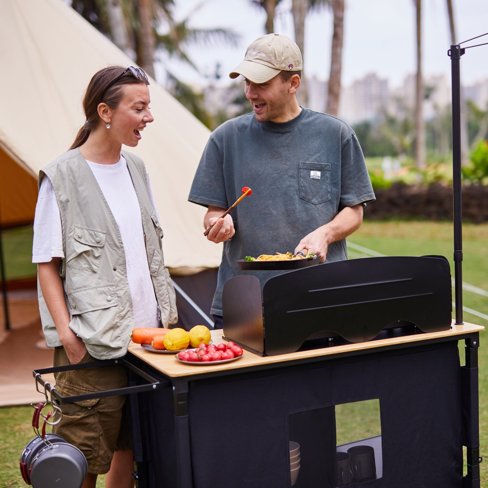 KingCamp Bamboo Camping Kitchen Table with Lantern Stand